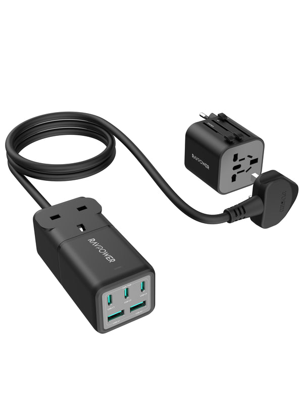 RAVPower 75W Power Strip 5-Port with AC Outlets (UK Plug) and Travel Adapter - Black