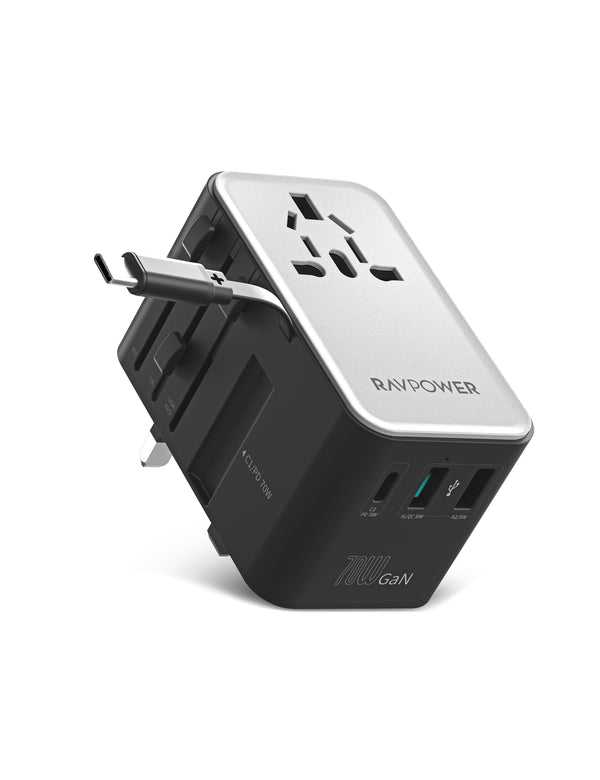 RAVPower 70W GaN Travel Charger with Retractable USB-C Cable