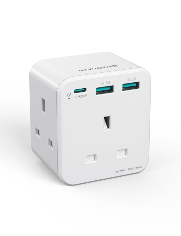 RAVPower PD 20W Wall Charger (White, UK Version) with 3 AC Plugs