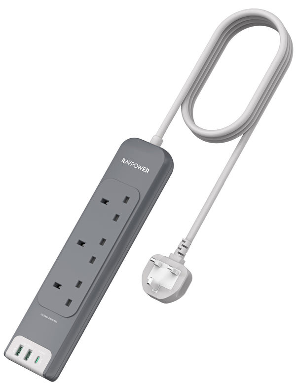 RAVPower 3-Outlets Power Strip with USB Ports - Gray (UK Version, 3m)