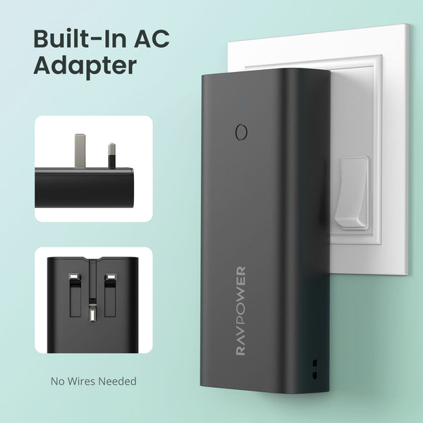 RAVPower 10000mAh 20W 3-Port Power Bank with UK Plug